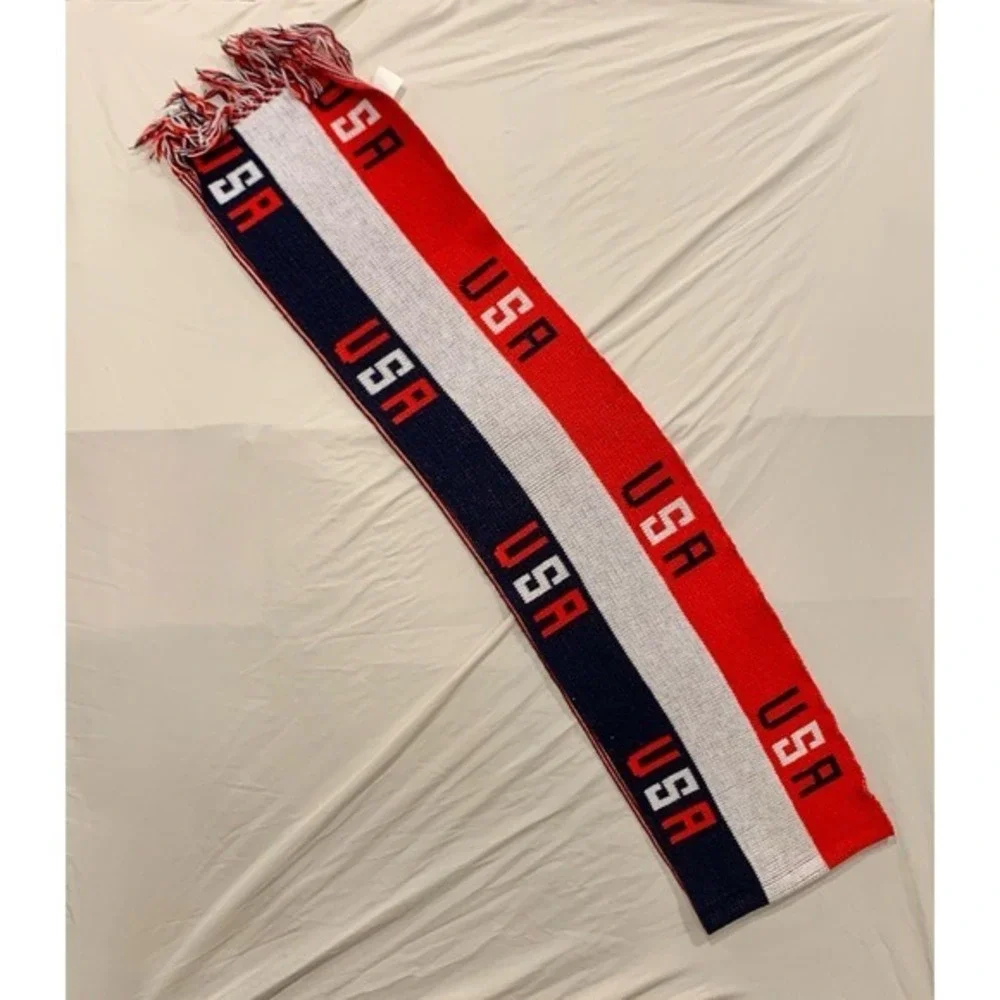 Vintage USA Knit‎ Scarf 7ft Patriotic Red White Blue Knitmakers Made in USA